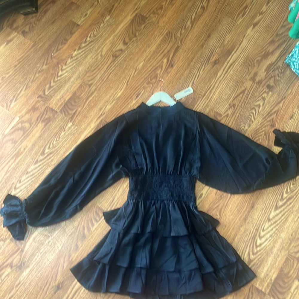 Black satin textured high neck ruffle dress